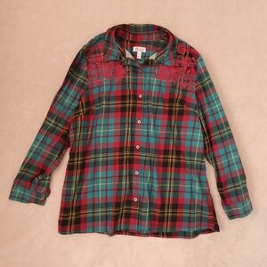 d&co Pink Teal Plaid Embroidered Button Up Roll Tab Long Sleeve Tunic Shirt